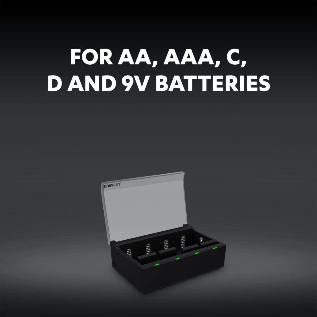 Charger for AA, AAA, C, D and 9V batteries graphic